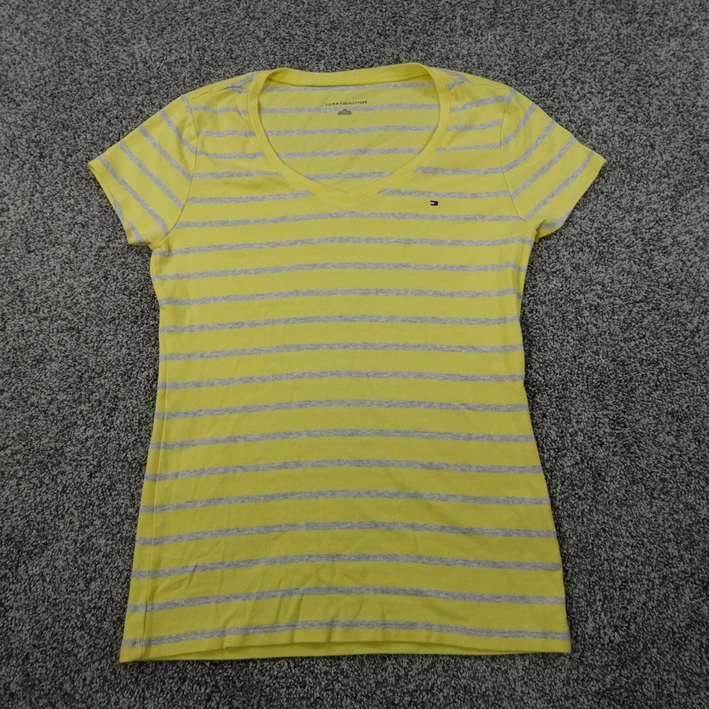 Tommy Hilfiger Shirt Womens L Yellow Gray Striped Flag Casual Preppy Lightweight